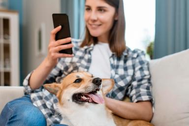 Uśmiechnięta kobieta głaszcze psa i przegląda internet na smartfonie